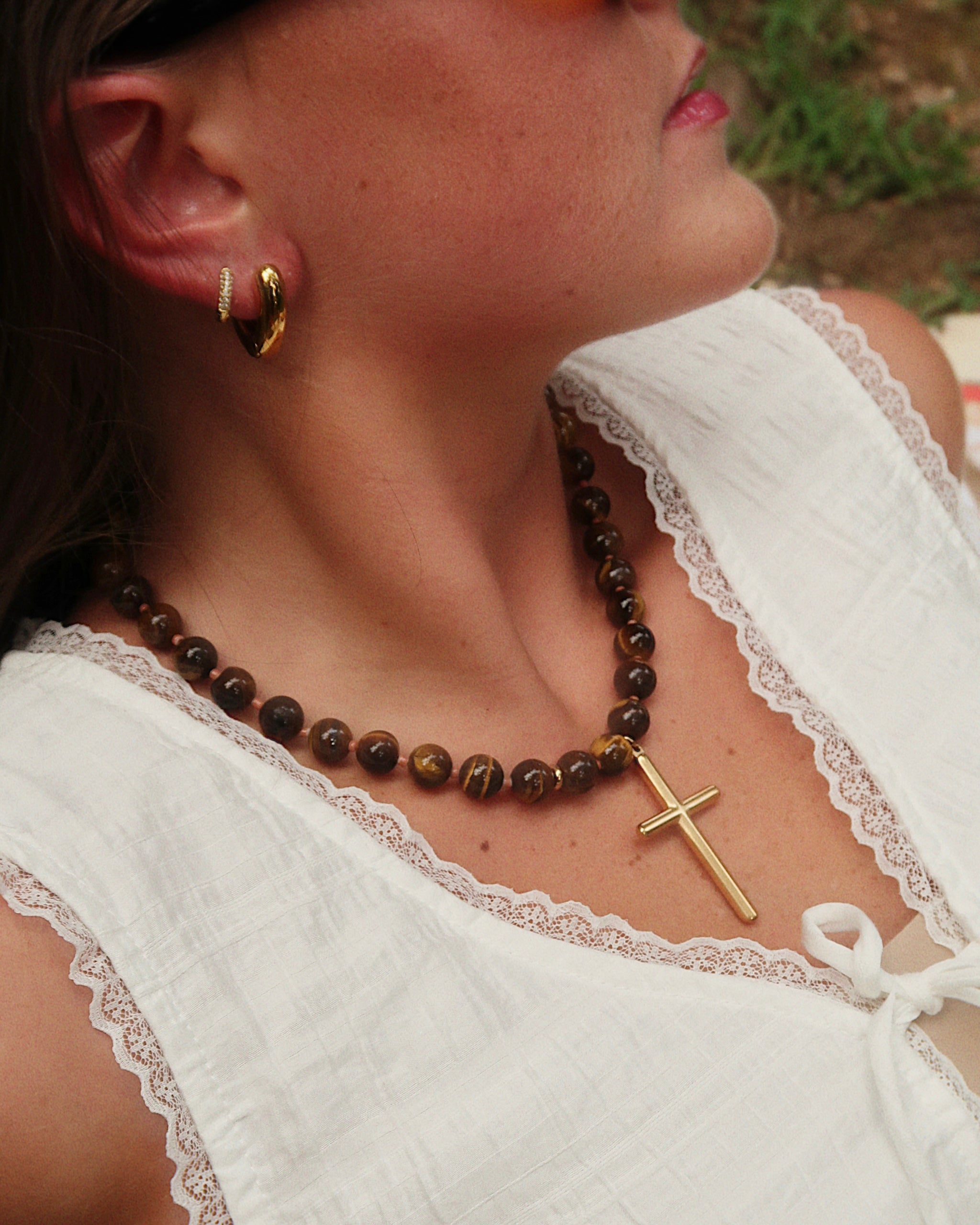 Conley Beaded Cross Necklace : Hypoallergenic and Water Resistant